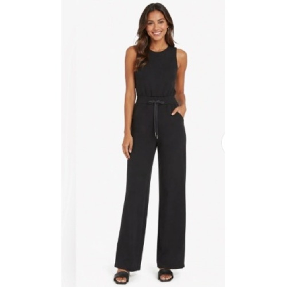 Spanx AirEssentials Sleeveless Jumpsuit Very Black Wide Leg Pockets Lounge Small